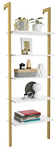 COSTWAY Estantería en Escalera de Pared Librería con 5 Estantes Marco de Metal para Salón Dormitorio Baño Terraza 30 x 61 x 183 cm (oro)