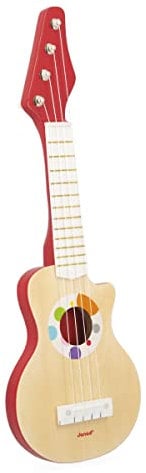 Janod - Confetti Rockgitarre aus Holz - Rollen- und Musikspielzeug - Mit 4 Kunststoffsaiten + 4 Ersatzsaiten - Ab 3 Jahren, J07644