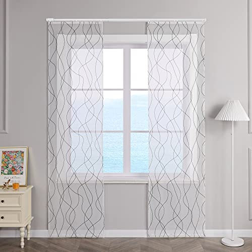 ESLIR Schiebegardinen Set 2er Flächenvorhänge Voile Gardinen mit Klettband Schiebevorhang Transparent Wohnzimmer Modern mit Wellen Muster Schwarz BxH 57x145cm 2 Stück