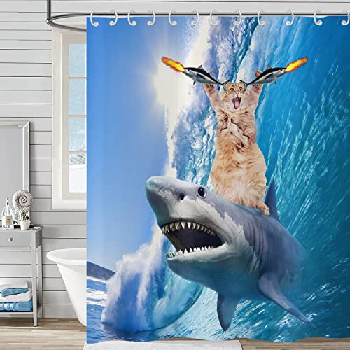 Hnmdmyi Duschvorhang Lustig 180x200, Coole Katze Reitet Hai Duschvorhänge Ozean Meer Wellen Fisch Blau Niedliche Kinder Jungen Badewanne Vorhang Wasserdicht Polyester Stoff Waschbar Badevorhang