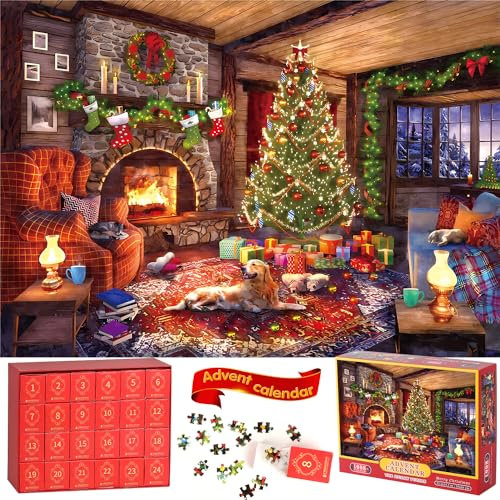 Advent Calendar 2023 Jigsaw Puzzle, 24 Boxes Packing 1008 Pieces Holiday Puzzle for Adults and Kids, Christmas Countdown Puzzles Gift Decorations, Warm Christmas Holiday Puzzles Gift (dog)