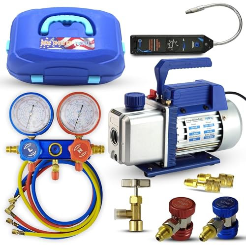 Hiatsu Kit de Bomba de vacío HVAC: Bomba de Aire de 4.5 CFM, Bomba de vacío de CA y Juego de manómetros con válvula de Grifo R134 y Detector de Fugas; Bomba de vacío de CA y medidores en Herramientas