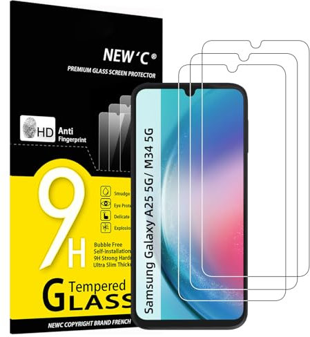 NEW'C Lot de 3, Verre Trempé pour Samsung Galaxy A25 5G, M34 5G, Film Protection écran sans Bulles d'air Ultra Résistant (0,33mm HD Ultra Transparent) Dureté 9H Glass