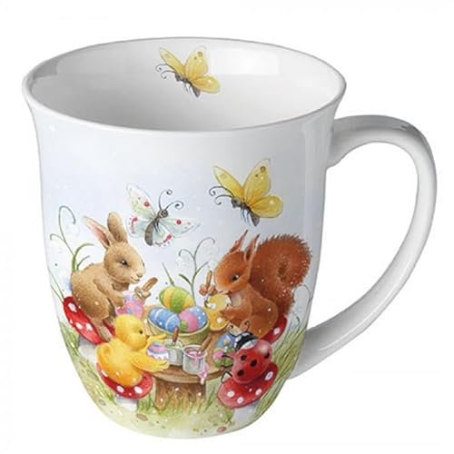 Ambiente Kaffeetasse Henkelbecher Teetasse Mug 0,4 l Fine Bone China Porzellan Osterhasen Ostern Serie painting class