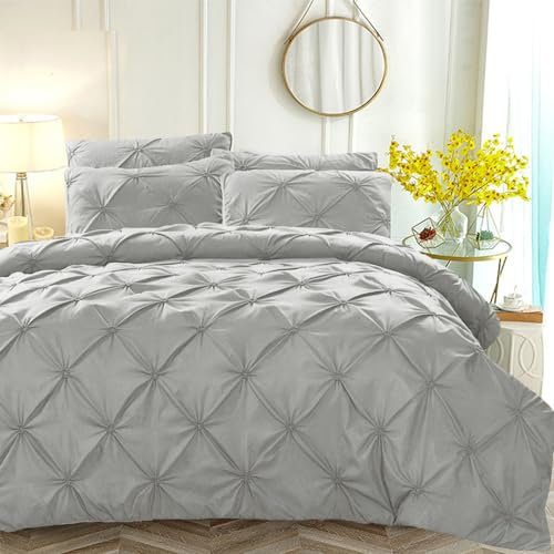 Luofanfei Plissee Bettwäsche 155x220 Grau Pinch Pintuck Plisseefalten Bettwäsche Set Quetschfalten Geometrisches Microfaser Modern Bettbezug 155 x 220 und 2 Kissenbezüge 80x80cm mit Reißverschluss