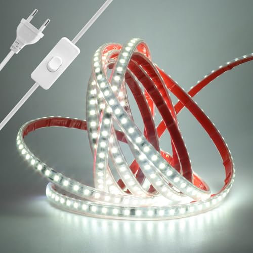 Wisada Kaltweiß LED Streifen mit ON/OFF Schalter, 3M 120LEDs/m 2835 SMD Superhell LED Band, IP65 Wasserdicht, Flexibel, Selbstklebend, Ideal für Weihnachten, Halloween, Garten, Balkon