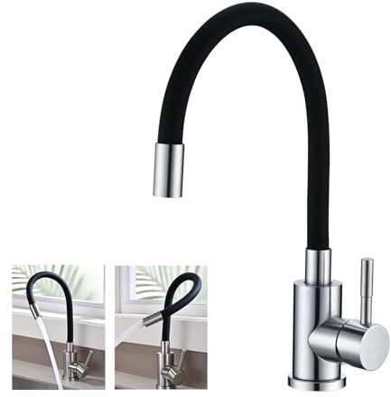 BuntHaus Grifo Cocina Flexible, Grifos Cocina Fregadero Negro con Caño Flexible, Grifo Cocina Abatible, Grifo Monomando Cocina Fría y Caliente, Mezclador de Fregadero Giratorio 360°, Acero inoxidable