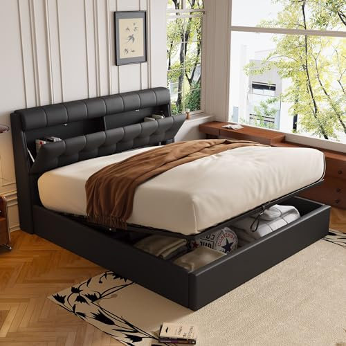 BTM 135 * 190cm Upholstered Double Bed Frame with Concealed Headboard & Bed Box Storage, 4FT6 Slat Frame, Black PU, No Mattress