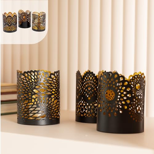 Gadgy Teelichthalter Schwarz Gold - Windlicht Esstisch Deko 3er Set - Teelichthalter Metall mit Spitzenmuster - Windlicht Metall Deko schwarz - Tischdeko Windlicht schwarz – 8,5 x 10,5 cm