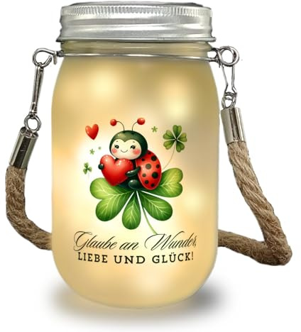 speecheese Marienkäfer Solarlicht mit Spruch Glaube an Wunder, Liebe und Glück! süßes rotes Herz und Kleeblatt Blatt Marienkäfer sitzen und Wunder erleben