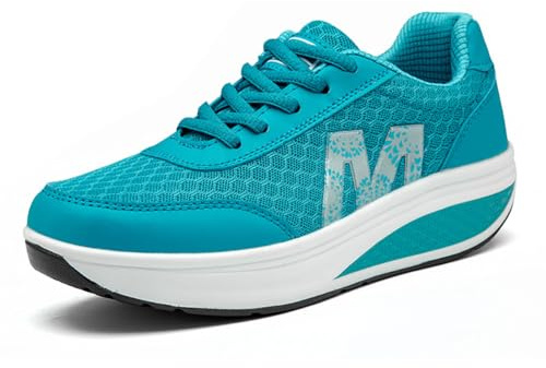Dam bantning sneakers promenadskor fitness kil plattformsskor, Blå M, 39 EU