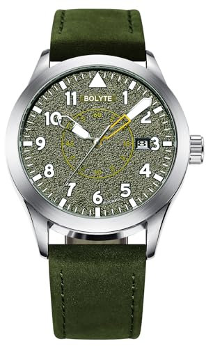 BOLYTE Automatische mechanische Herren-Armbanduhr, selbstaufziehend, automatisches Datum, Militär, Sport, Herren-Armbanduhr mit Lederband, Edelstahlband, grün, Militär