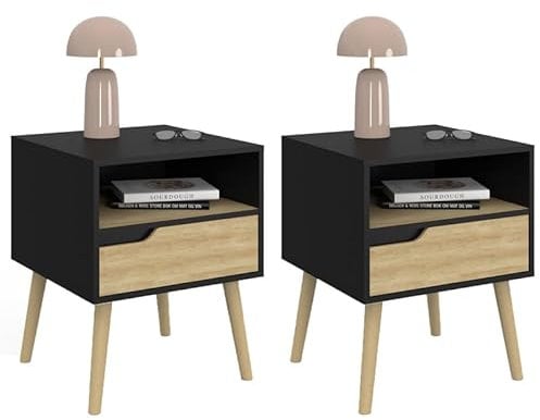 IDMarket - Lot de 2 Tables de Chevet Helsinki scandinaves 1 tiroir avec Niche Noir et Effet hêtre