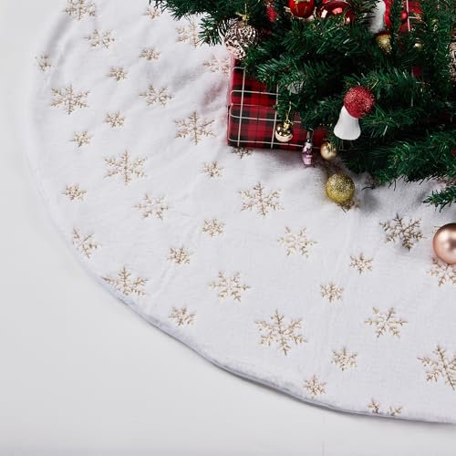 Sensong 78CM Weihnachtsbaum Decke Golden Schneeflocke Weiss Plüsch Kunstfell Weihnachtsbaumdecke Christbaumständer Dekorationen Teppich