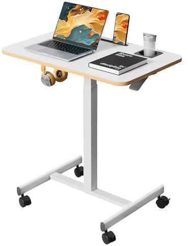 Liftsync Mobiler Stehpult, Rollbarer Laptopwagen, höhenverstellbar, mit Getränkehalter, 71,1 cm, tragbarer Tisch mit 4 feststellbaren Rädern, weißer Computer-Arbeitsplatz mit Haken und Schlitzen für