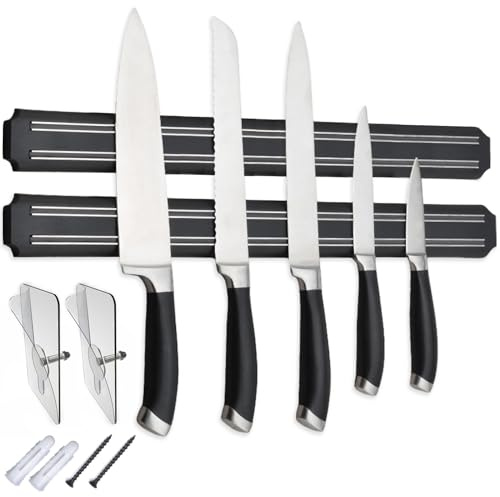 Magnetic Knife Holder for Wall - 15 Inch No Drill Knife Bar with Strong Double Row Magnets, Eco-Friendly & Waterproof Plastic, Holds Knives & Kitchen Tools Securely, Easy Peel & Stick Installation