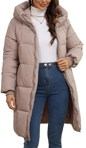 Adigau Cappotti Invernali da Donna Elegante Piumino Cappotto Lungo Antivento Giacca Trapuntato Caldo Cappotto con Cappuccio Casual Imbottito Giubbotto Inverno Piumino Giacca con Cerniera Khaki XL