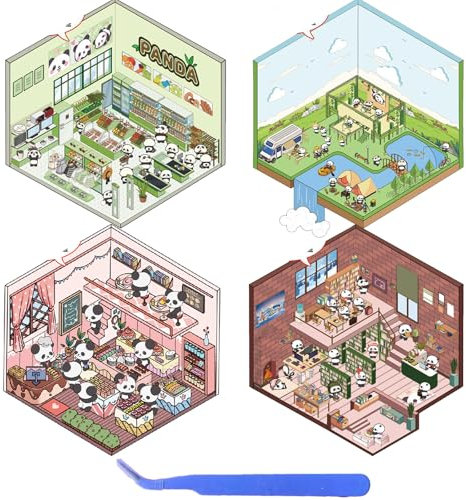 4 Sätze 3D Sticker Scene Mit Pinzette, Panda Aufkleber, Spaß DIY Set, Niedlich Aufkleber Set, DIY Stacking Scene Stickers, Tiere Sticker für Jungen, Mädchen