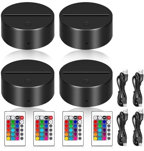 Lot de 4 socles de lampe de nuit LED 3D avec télécommande, câble USB, socle de lampe LED 3D, 16 couleurs, pour chambre à coucher, bar, café