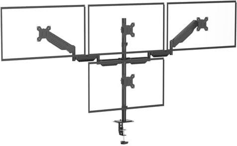 Pholiten Soporte de monitor para 4 monitores, hasta 32 pulgadas, VESA 75 x 75/100 x 100 mm, brazo de resorte de gas, montaje con abrazadera y taladro, color negro