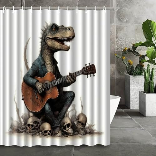 Hopomoon Lustig Duschvorhang 180x90 cm, Retro Fun Gitarre spielender Dinosaurier Badezimmer Waschbar Duschvorhänge Polyester Textil Wasserdicht Badevorhang für Badewanne mit 12 Haken