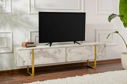 Dmora - Fernsehschrank Gussola, Ständer für Wohnzimmerfernseher, Niedriges Wohnzimmer-Sideboard, TV-Ständerbasis, 180x30 h50 cm, Marmor und Gold