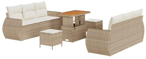 vidaXL 9-teiliges Garten-Sofa-Set mit Kissen in Beige, aus Poly-Rattan und Akazienholz, modulares Design, verstellbare Füße, ideal für draußen, Terrassenmöbel für gemütliche Stunden im Garten.