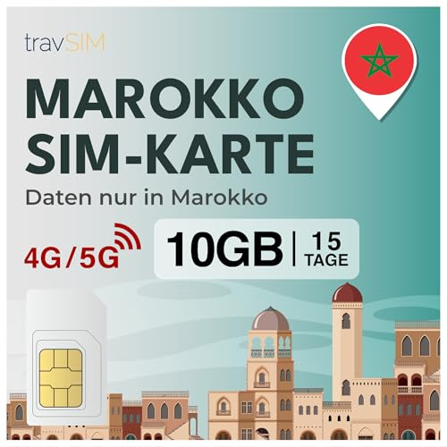 travSIM SIM Karte für Marokko| 15 Tage - 10GB Daten SIM | 5G/4G Hochgeschwindigkeitsdaten | Unbegrenzter Internetzugang für Google, Facebook, Whatsapp, Instagram und mehr