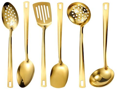 Gold Küchenutensilien Set 6-teilig, Besteck Set, Gold Besteck, Edelstahl Kochutensilien Set, Edelstahl Küchen mit Messer, Gabel, Löffel, Cutlery für Haushalt, Restaurant, Party