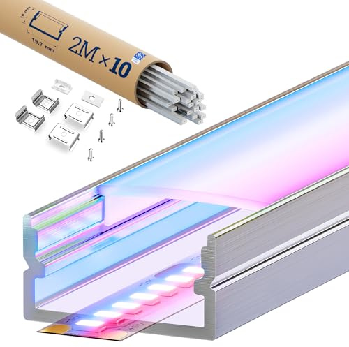 KOSOOM LED Aluminiumprofil U-Form 10Stück x 2m(20m), mit milchiger Abdeckung, für Led Streifen bis 17mm, LED Schiene für Decke & Trockenbau, indirekte Beleuchtung, inkl. Endkappen & Metallclips