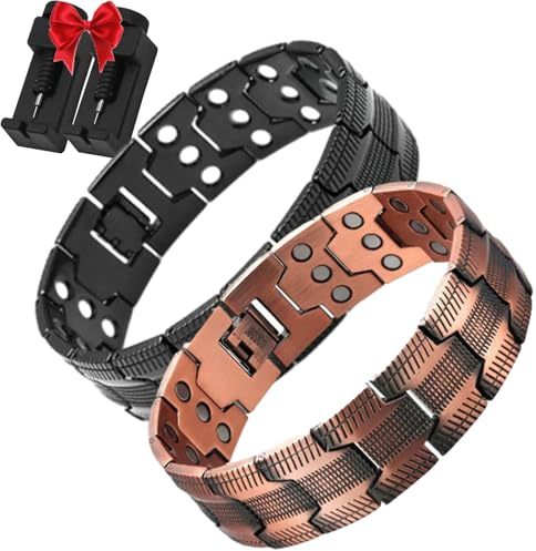 Lircofi Ultra-Stärke Magnetisches Kupfer-Armband, Dreireihiges Magnetarmband, Verstellbares Leichtes Kupferarmband Für Herren, Gesundheitsenergiearmband Mit Ablösewerkzeug (Rot+Schwarz)
