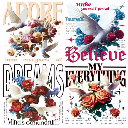 SUPERDANT 4 Stk Tauben Blumen Transferpapier zum Aufbügeln Bunte Heat Transfer Sticker Waschbare Wärmeübertragung Aufkleber DTF Transfer Fertig Zum Pressen Für T Shirts Hoodies Jacken DIY Geschenk