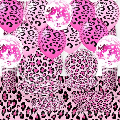 Juego de vajilla de fiesta de leopardo para 20 invitados, estampado de leopardo, platos de fiesta de cumpleaños, servilletas, tazas, mantel + globos, juego de fiesta de moda para niñas de color rosa