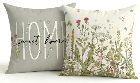 2er Set Wasserdichter Outdoor Kissenbezug 50x50 Grau, Grünpflanzen Design Gartenkissen, Sommer Modern Dekokissen, Doppelseitig & Muster, Leinen-Polyester für Balkon Garten Sofa Couch Wohnzimmer