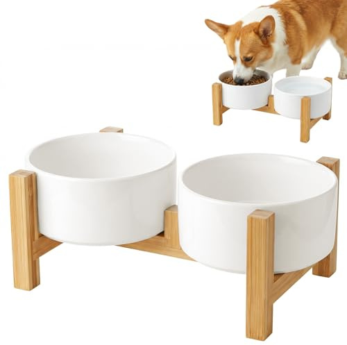 Elevated Ceramic Dog Bowl Set - 850ML/3.6 CUPS Raised Dog Feeder Bowl with Non-Slip Bamboo Stand 15.5CM Pets Stylish Feeding Bowls Double Dog Feeding Bowls for Cats and Small Dogs Eating Food