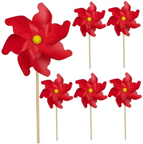 Ameble Paquete de 6 molinillos de Viento de 32 cm y 7 aspas con estacas de Madera de 50 cm. Decoración para Exteriores y Juguete Infantil para Patio jardín. Color Rojo.