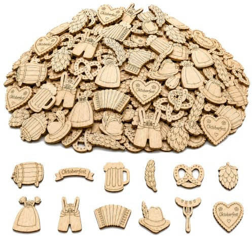 Oktoberfest Deko, 100 Stück Oktoberfest Streudeko aus Holz | Bayrische Deko, Bayerische Motive Bierkrug Brezel Dirndl Lederhose Herz Fass, Oktoberfest Accessoires für Wiesn Party Tisch