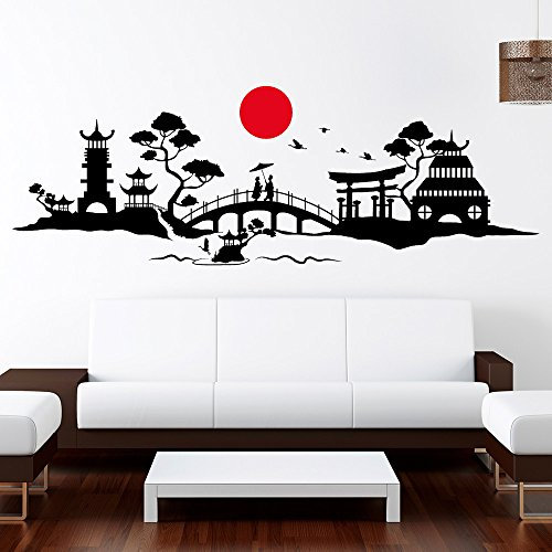 Wandtattoo-Loft Das ORIGINAL Skyline „Japan“ - Wandtattoo Fernost / 49 Farben / 3 Größen/ 2farbig – Sonnensymbol ist Immer rot, Bitte wählen Sie die Farbe für das Hauptmotiv! / schwarz / 55 x 161 cm