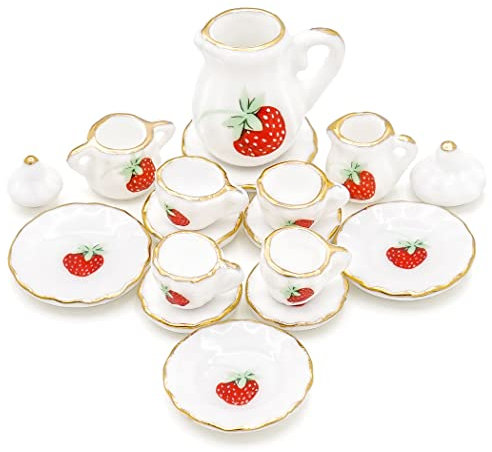 Odoria Miniature 1/12 Service a Thé en Porcelaine Accessoire Maison de Poupée, Fraise