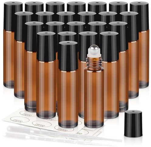 ZEJIA 10ml Roller Bottles 24Pack Amber Thick Glass Essential Oil Bottles with Stainless Steel Roller Ball and 2 Droppers