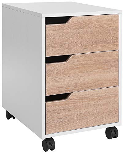 HOMCOM Cajonera de Oficina con Ruedas Mueble Archivador con 3 Cajones Cajonera para Escritorio Estudio 40x50x57,5 cm Roble y Blanco