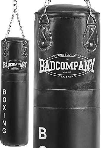 Bad Company Boxsack inkl. Heavy Duty Vierpunkt-Stahlkette I Leder Punching Bag, gefüllt/ungefüllt I 80/100/120/150/180 x 35 cm - Schwarz