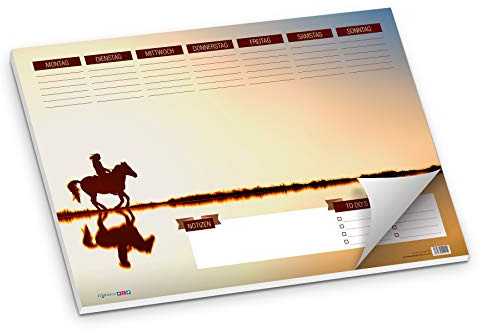 itenga Schreibtischunterlage Pferd am See DIN A3 50 Blatt Schreibunterlage Reiterin auf Pferd mit Spiegelung im Wasser schöne Farben Sonnenuntergang