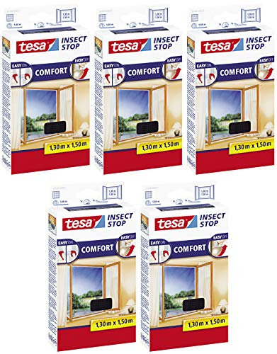 tesa Fliegengitter Comfort Klettband für Fenster, anthrazit, 1,3m:1,5m (Anthrazit (Durchsichtig), 5er Pack 1,3m:1,5m)