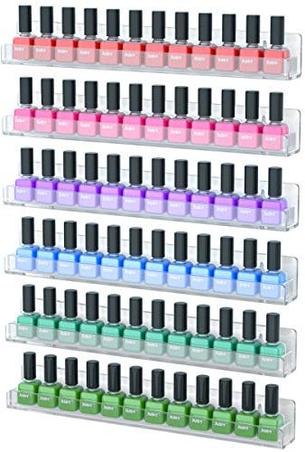 NIUBEE 6 Pack Nail Polish Rack Wall Mounted Shelf with Removable Anti-Slip End Inserts, Clear Acrylic Nail Polish Organizer Display 90 Bottles