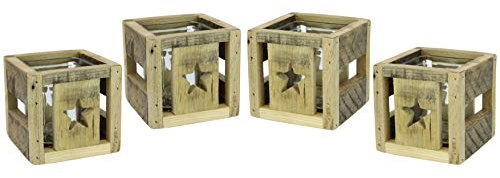 Windlicht Teelichthalter Adventskerzenhalter Kerzenhalter 'Stern' mit Glaseinsatz aus Holz Adventskranz Weihnachtsdeko Holzdeko Laterne Braun Landhausstil Antik Braun Würfel Dekoration Natur Kerzen