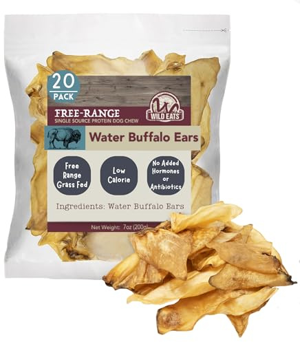 Wild Eats Water Buffalo All Natural Ear Dog Chews, Single Ingredient Dog Treats - 20 Count (Grain Free Treats - Great Alternative to Pig Ears, Cow Ears, Bones & Rawhides)