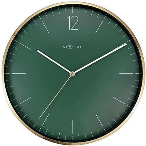 NeXtime Elegante Designer Wanduhr, Goldener Metallrahmen hochwertige Glasabdeckung, blaues Ziffernblatt, Ø 34 cm, 3252GN, Gold, Blau