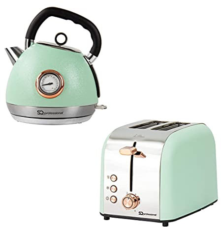SQ Professional Breakfast Set 2pc Kettle with Rose Gold Accents & Temperature Display 2200W - 2 Slice Toaster with Rose Gold Accents, High-Lift, Wide Slots & 6 Browning Levels 900W (Green) …