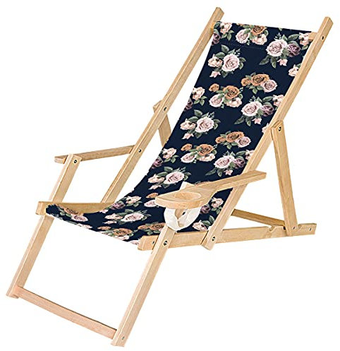 Ferocity Holz-Liegestuhl Klappbar Klappliegestuhl mit Armlehne und Getränkehalter Strandstuhl Motiv Vintage Rosen [119]